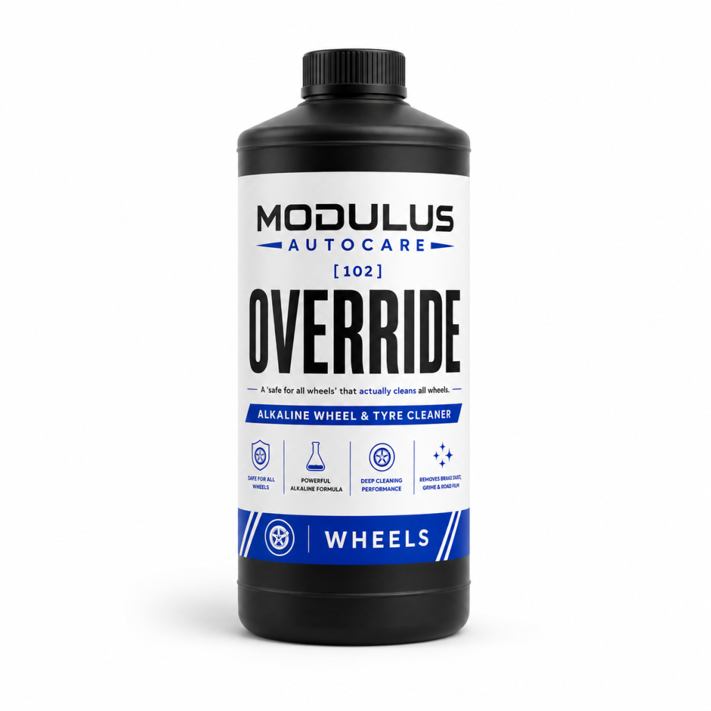 Override alkaline wheel and tyre cleaner concentrate bottle by Modulus Autocare