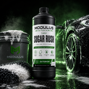 Modulus Sugar Rush high-glide shampoo bottle with foamy wash bucket and mitt
