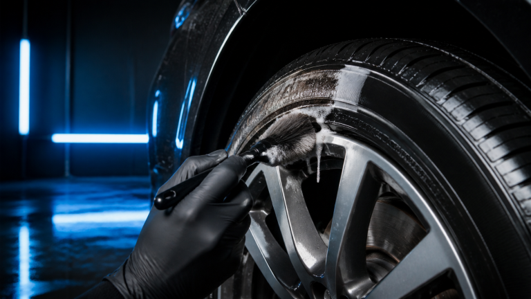 Tyre sidewall being cleaned before tyre dressing - Modulus Autocare guide