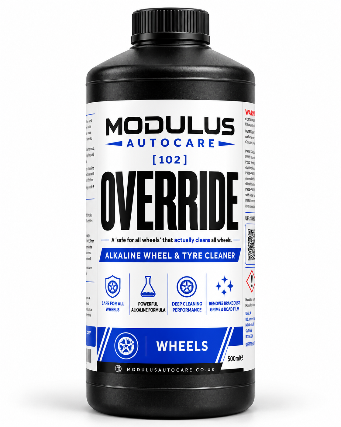 Modulus Autocare Override alkaline wheel and tyre cleaner bottle on a white background